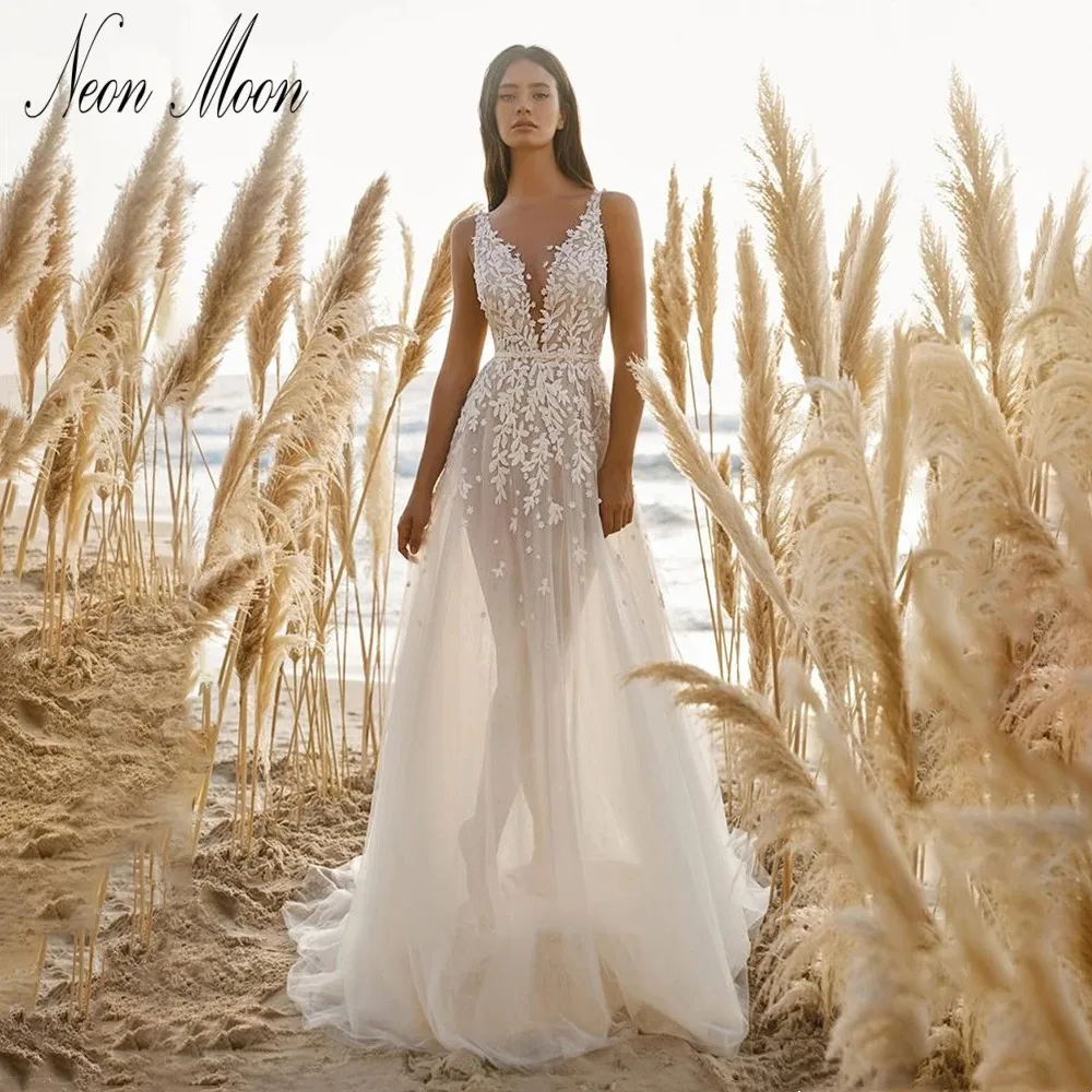 

Luxury Deep V-neck Wedding Dress 2022 For Women A-line Lace Appliques Bride Dress Illusion Backless Bridal Gown Vestido De Novia