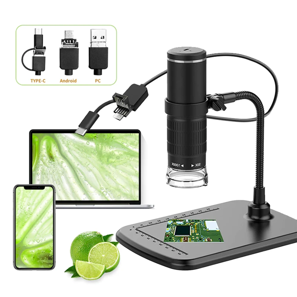 1000X 3in1 USB цифровой микроскоп Type-C электронный микроскоп камера 8 светодиодная лупа регулируемое увеличение с подставкой