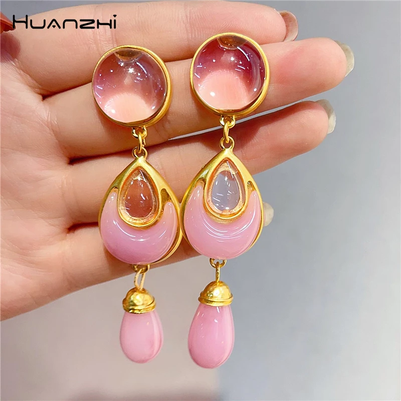 

HUANZHI France Retro Resin Waterdrop Long Dangle Earring for Women Natural Stone Pendant Irregular Jewelry 2022 New
