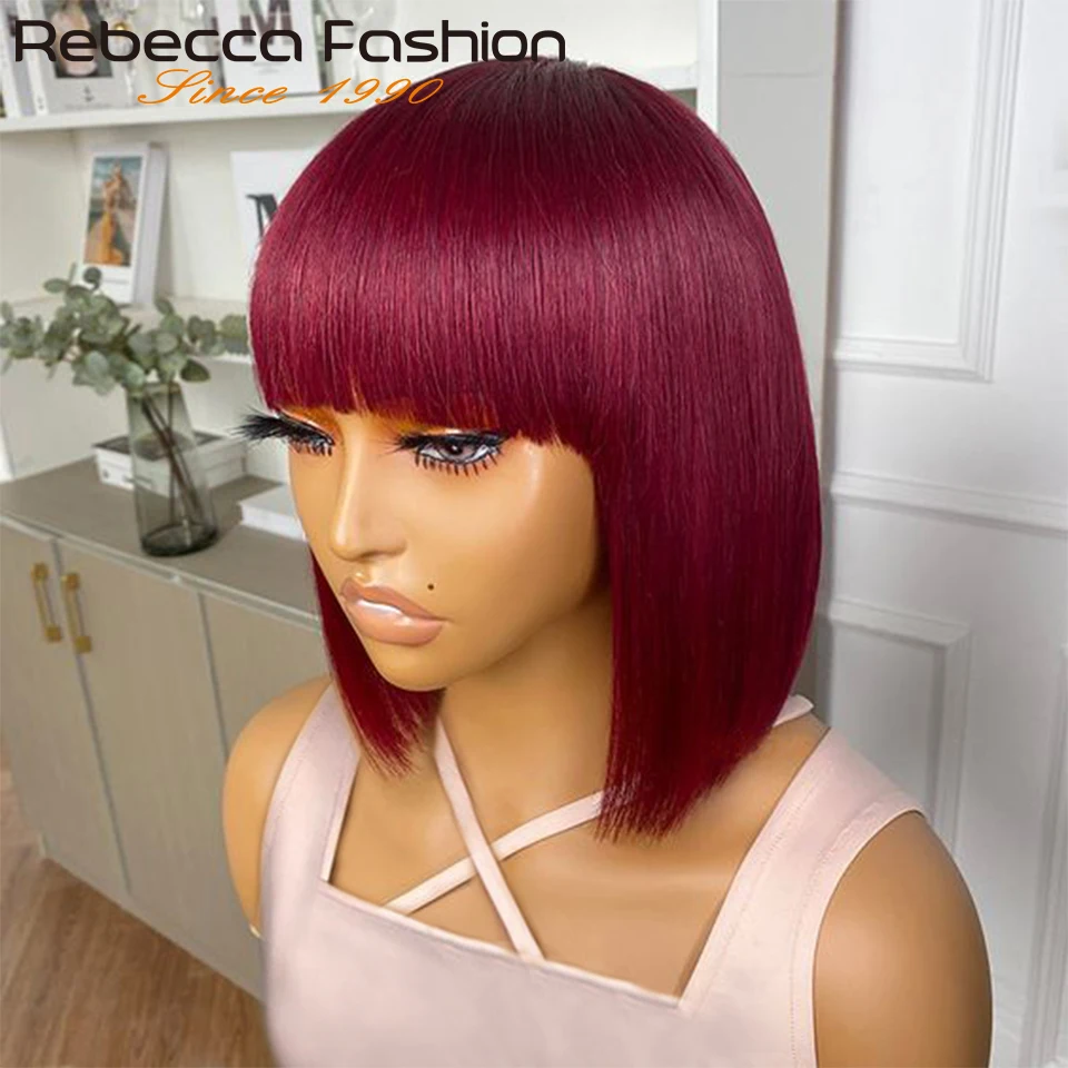 

99J Colored Short 180D Straight Brazilian Human Hair Bob Wigs with Bangs Remy Full Machine Made for Women Hightlight Burgundy