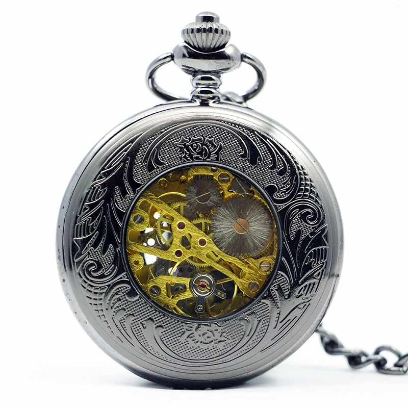 Antique Mechanical Pocket Watch Hollow Black Dial Hand-Winding Men Pendant Collection Fob Chain Watch Skeleton Steampunk Clock