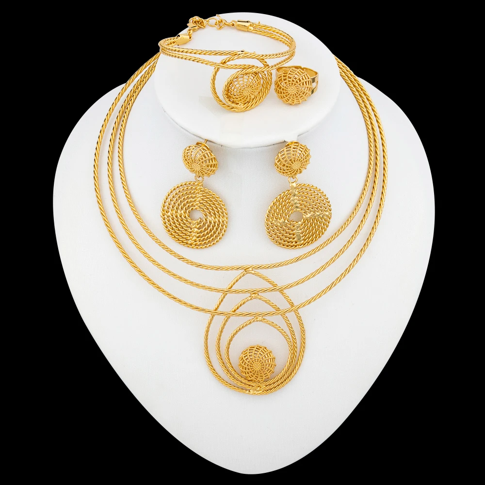 

Dubai African Jewelry Set For Women Layer Necklace and Earrings with Ring Bracelets 4Pcs Set for Wedding Jewellery Accessories