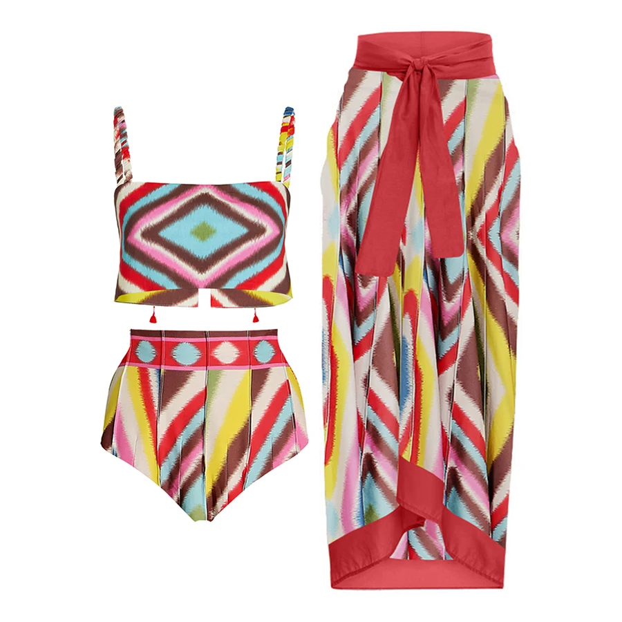 

Fashion Colorblock Print Bikini Set And Skirt Set Brazilian Bathing Suit Summer Beach Wear Swimming Suit