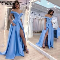 sky blue long evening dress party gown with pockets vestidos de festa side split floor length special occasion prom dress