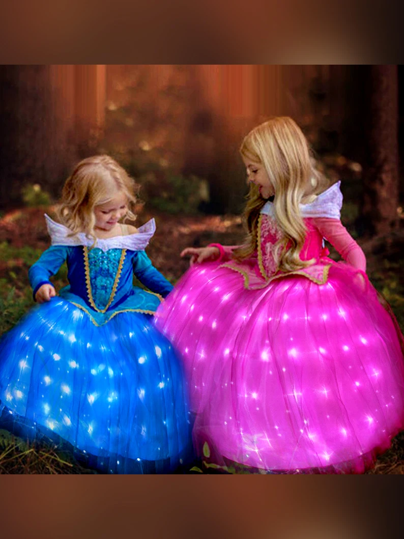 Uporpor LED Sleeping Beauty Aurora Princess Girl Dress Children Charm Cosplay Carnival Dresses Up Clothes Birthday Party Outfits