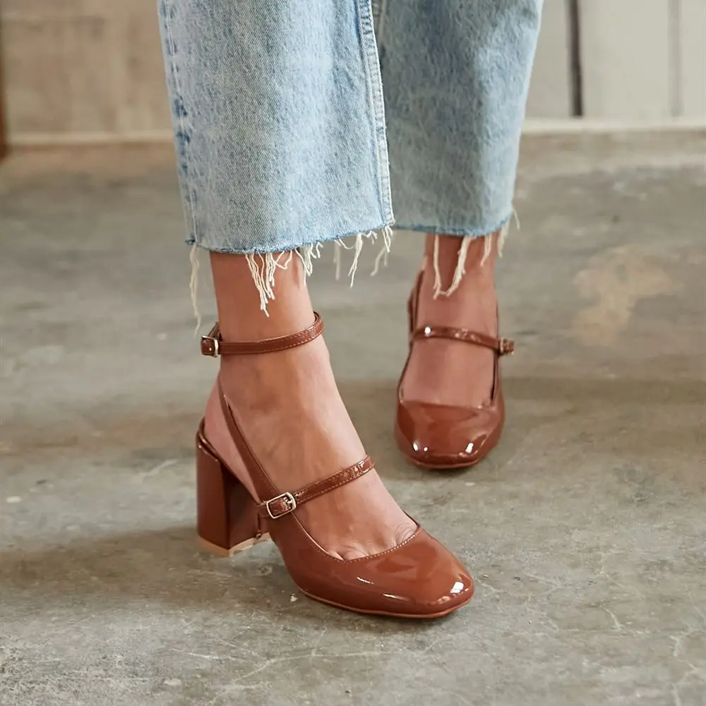 

Buggy Interior Genuine Leather Exterior Quality Patent Leather Square Heeled Ankle Strap Women's Shoes Poshnmore Brown Nude Blac