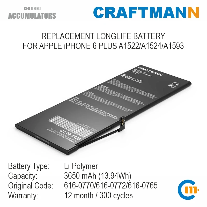 Аккумулятор Craftmann 3650 мАч для APPLE iPHONE 6 PLUS A1522/A1524/A1593 (616-0770/616-0772/616-0765/3349C1D/820-4545-04/PP11AT115-1) Аккумулятор Craftmann 3650 мАч для APPLE iPHONE 6 PLUS A1522/A1524/A1593 (616-0770/616-0772/616-0765/3349C1D/820-4545-04/PP11AT115-1)