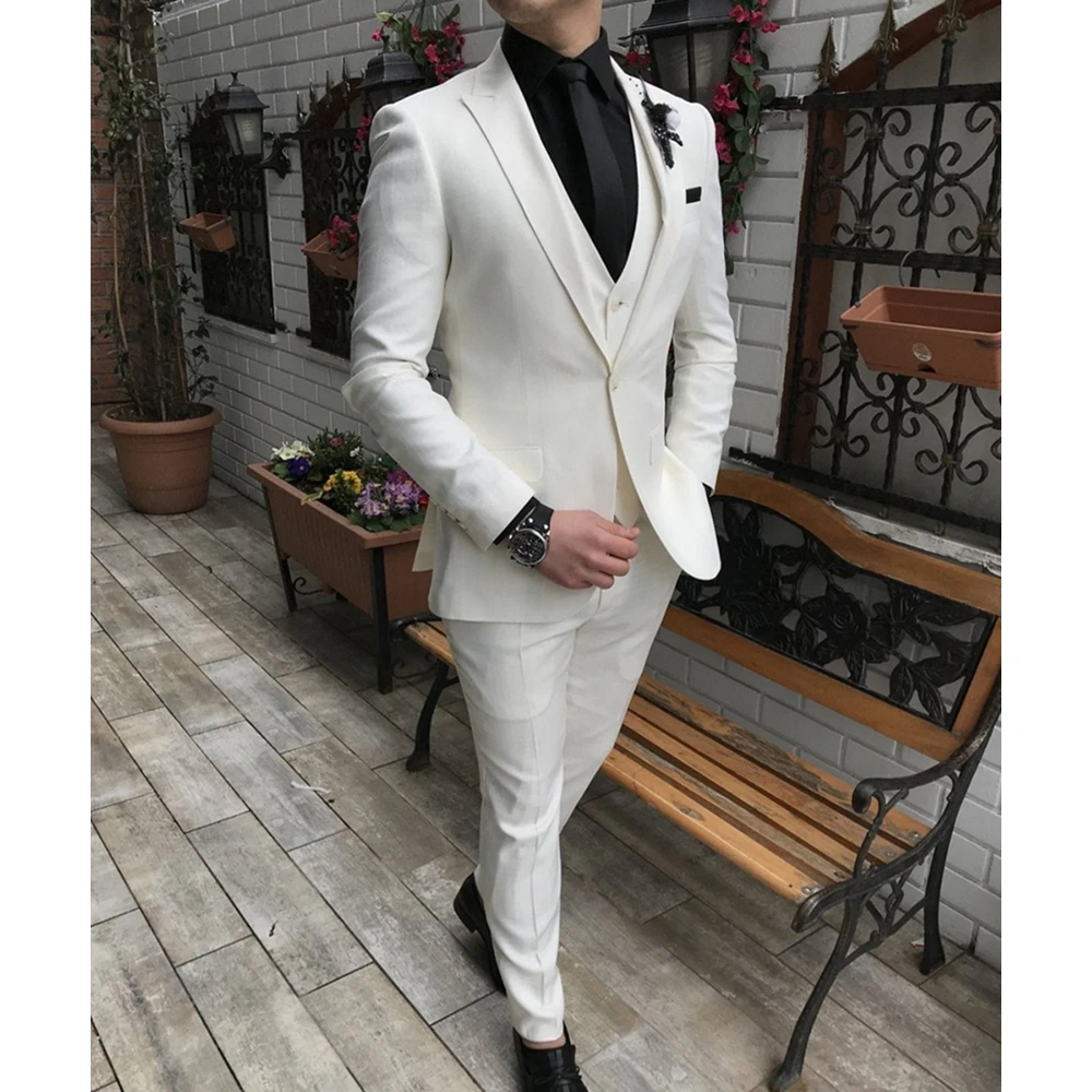 

3 Pieces New Beige Mens Suits for Wedding Groom Tuxedo Jacket Vest Pants Formal Business Office One Button Prom Party Wear