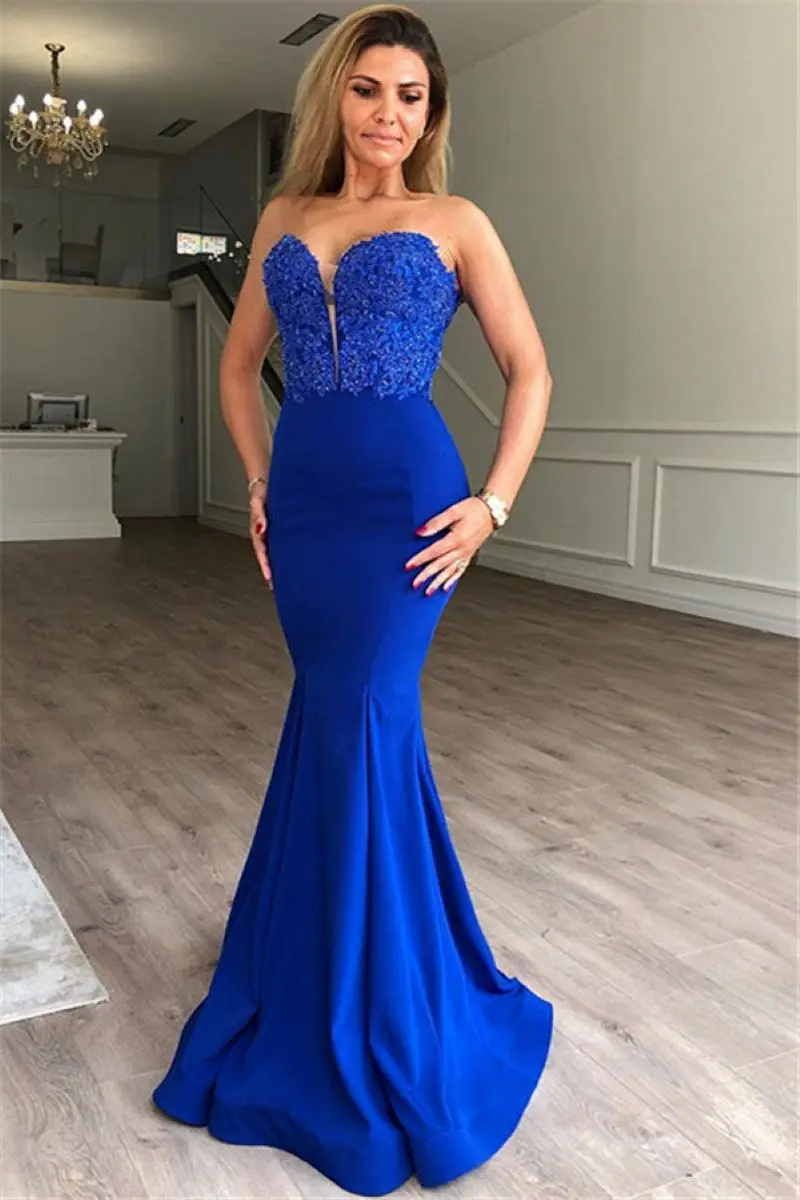 

Blue Long Mermaid Prom Dresses 2023 New Sleeveless Sweetheart Applique Stain Formal Evening Party Gowns Dress