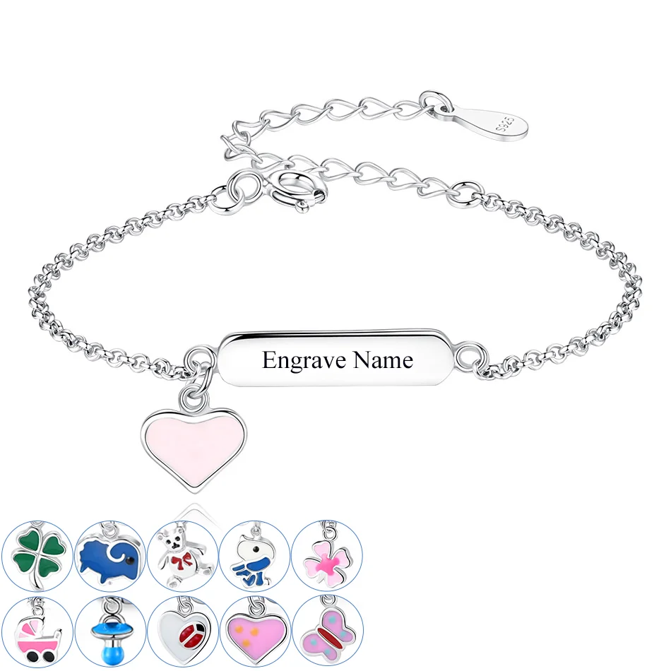 ELESHE Personalized Name Bracelets for Children Custom Pink Enamel Heart Charm Bracelet Engrave 925 Sterling Silver Jewelry Gift