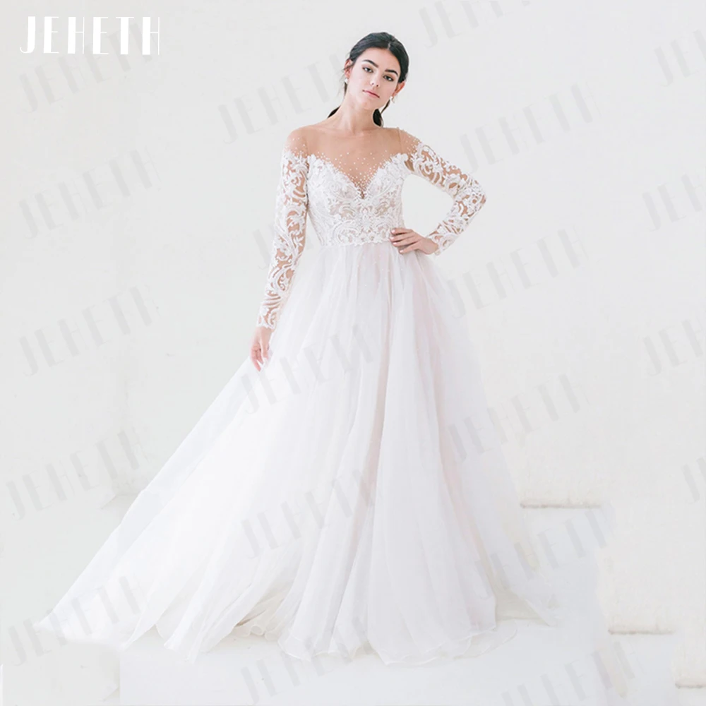 

JEHETH Gorgeous Wedding Dresses Bride Lace Long Sleeves Illusion Back Applique Tulle Bridal Gown Women A Line فستان حفلات الزفاف