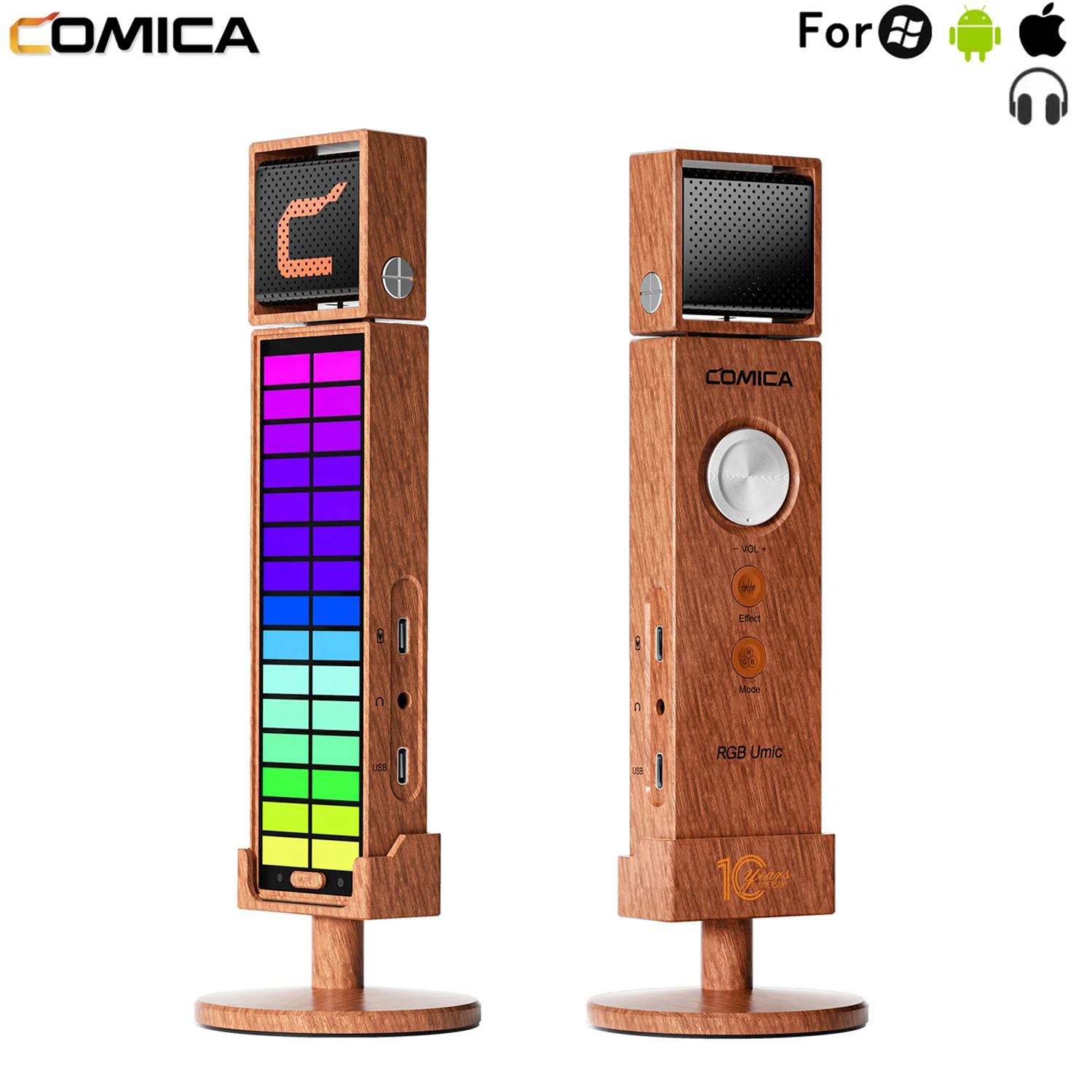 Comica RGB USB Microphone for iPhone Android laptop Computers Wooden Microphone with Earphone jack for Gaming Streaming Video