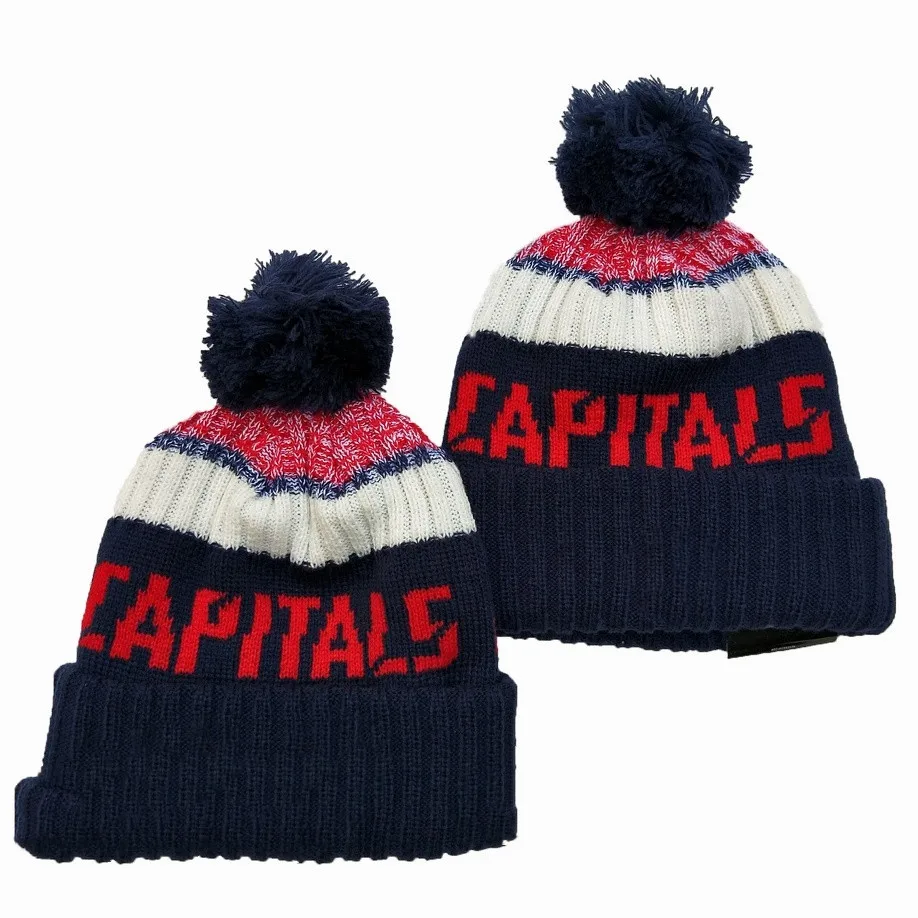 Wholesale Custom Fashion High Quality Winter Knitted Hockey Fans Hat With Embroidery Logo Black And Blue Caps