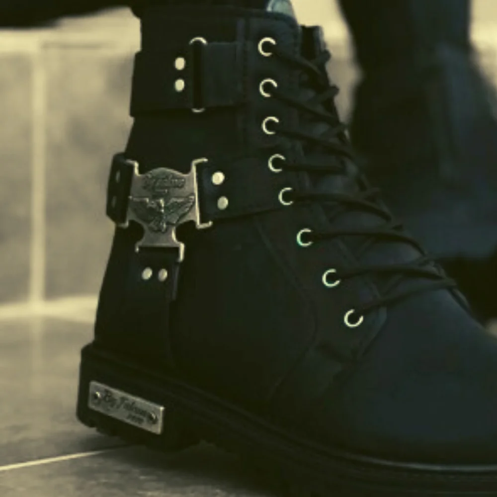 Мужские зимние байкерские ботинки из искусственной кожи черные мотоциклетные