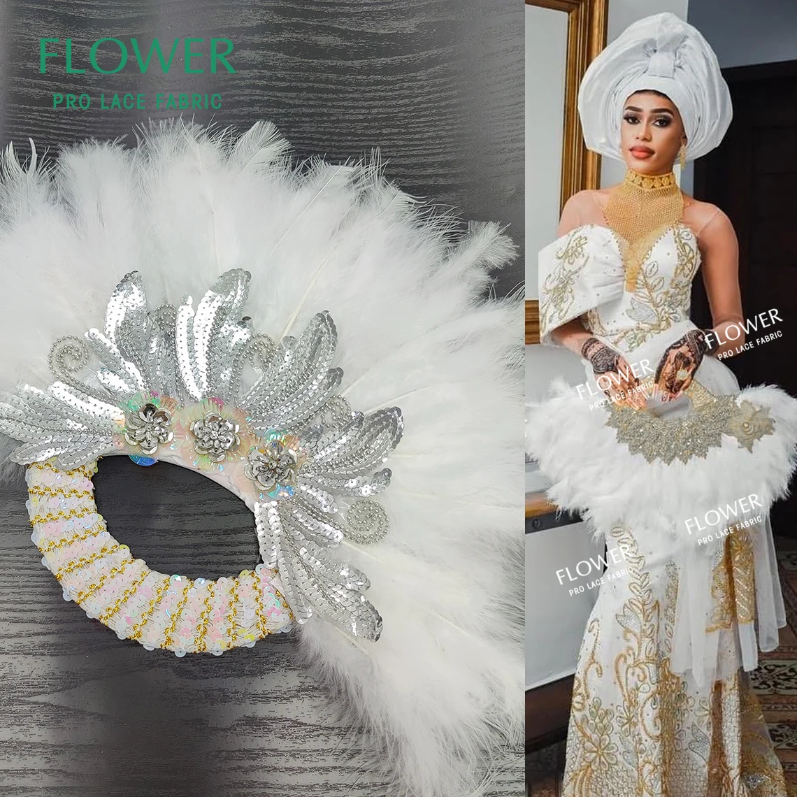 

White And Silver Turkey Feather Handfans For Nigeria Traditional Wedding Decoration Bride Or Bridesmaids Stones Feather Handfans