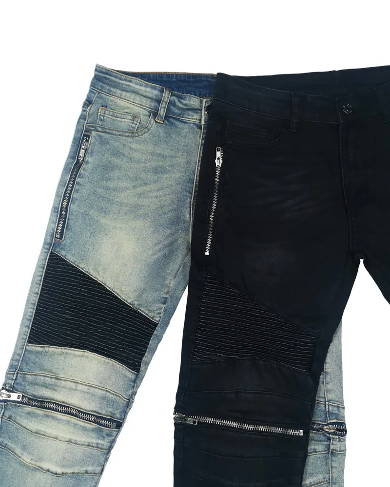 Personality Retro Wash Old Pleated Splicing Zip Decoration Men's Slim Fit Small Feet Joggers Street Wear Pencil Jeans For Men