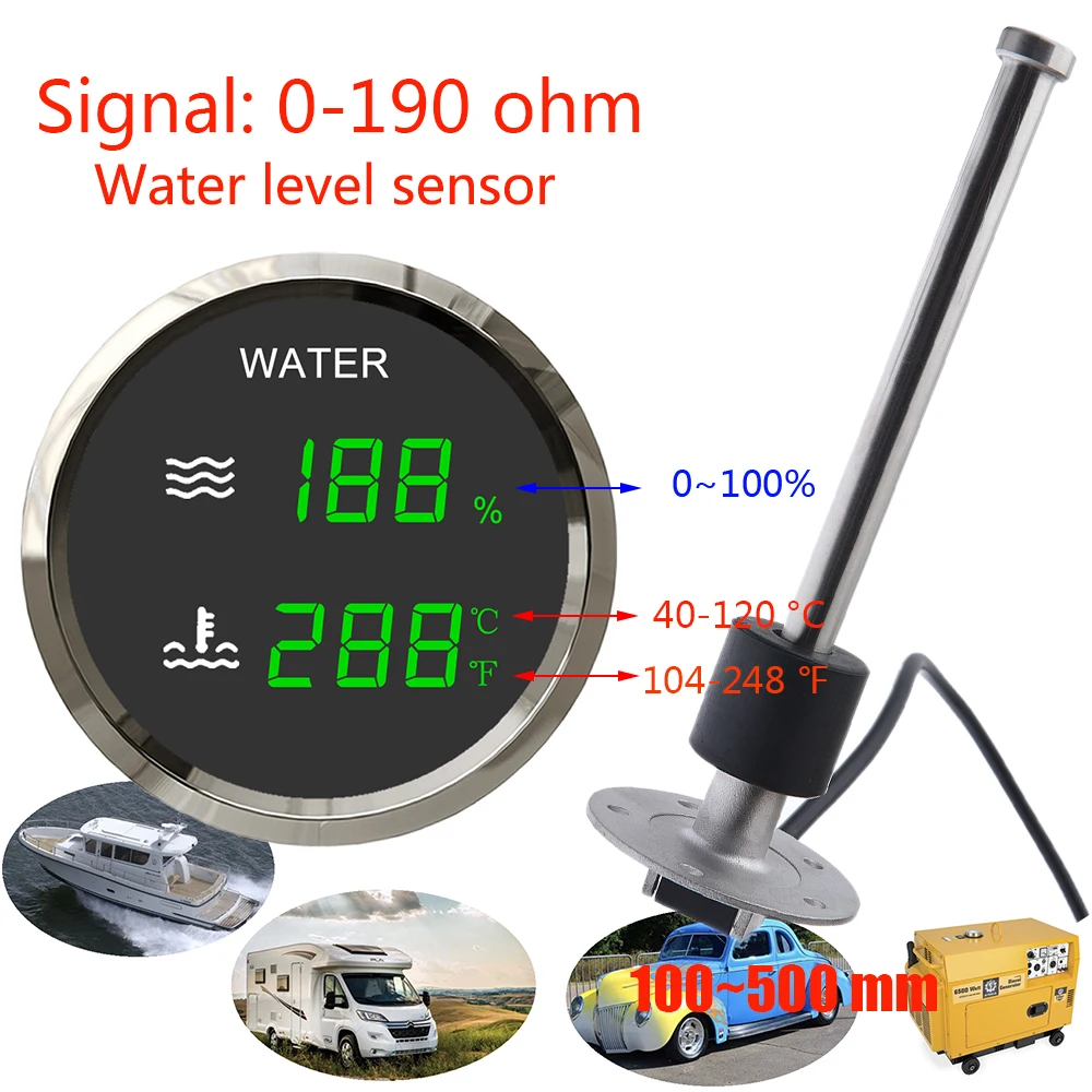 

52MM Universal 2 In 1 Gauge Water Level+Water Temperature Gauge Meter with Alarm Water Level Sensor 0-190ohm for Car Boat 12V24V