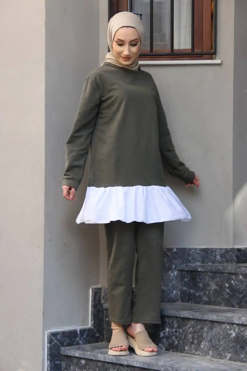 

New Fashion Skirt Ruffle Detailed Double Tracksuit Set Hijab Muslim Casual Version Hijab Stylish African Dubai Turkey Turkish Ma