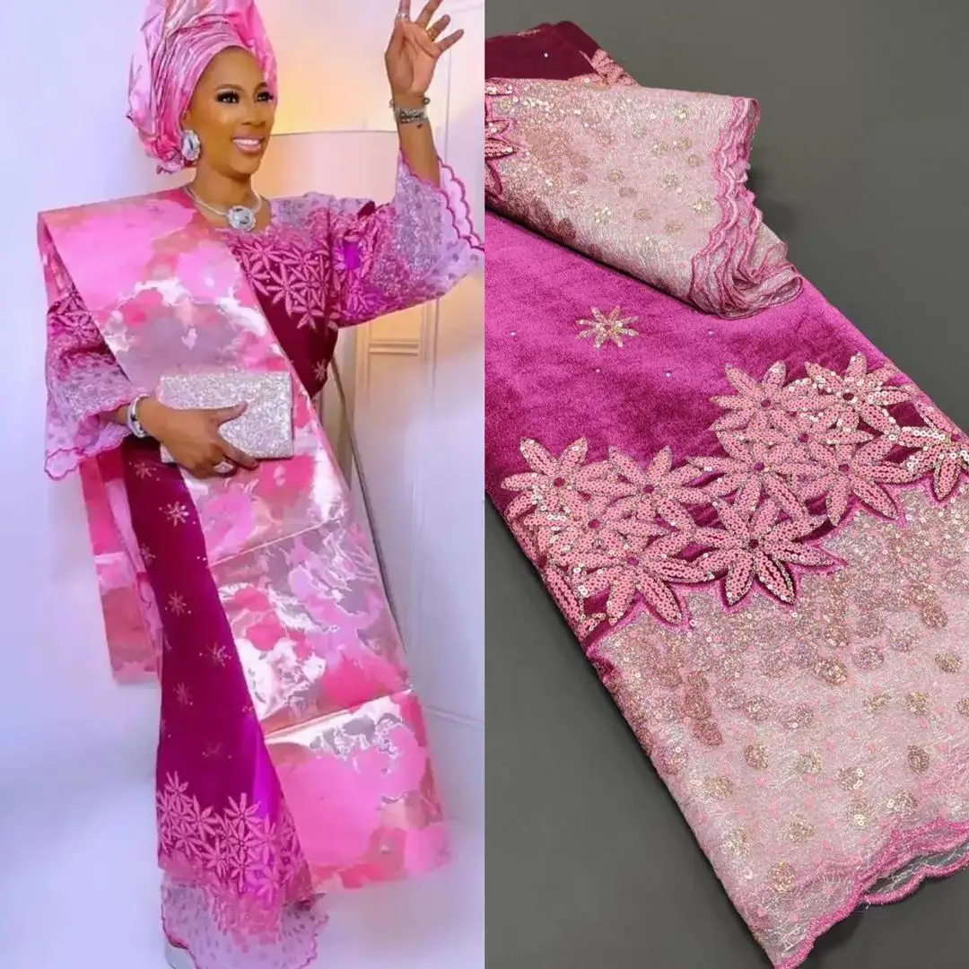 

2023 African Fashion High Quality Flannel Sequins Embroidery French Velvet Tulle Mesh Lace Fabric Nigeria For Sewing Women Dress
