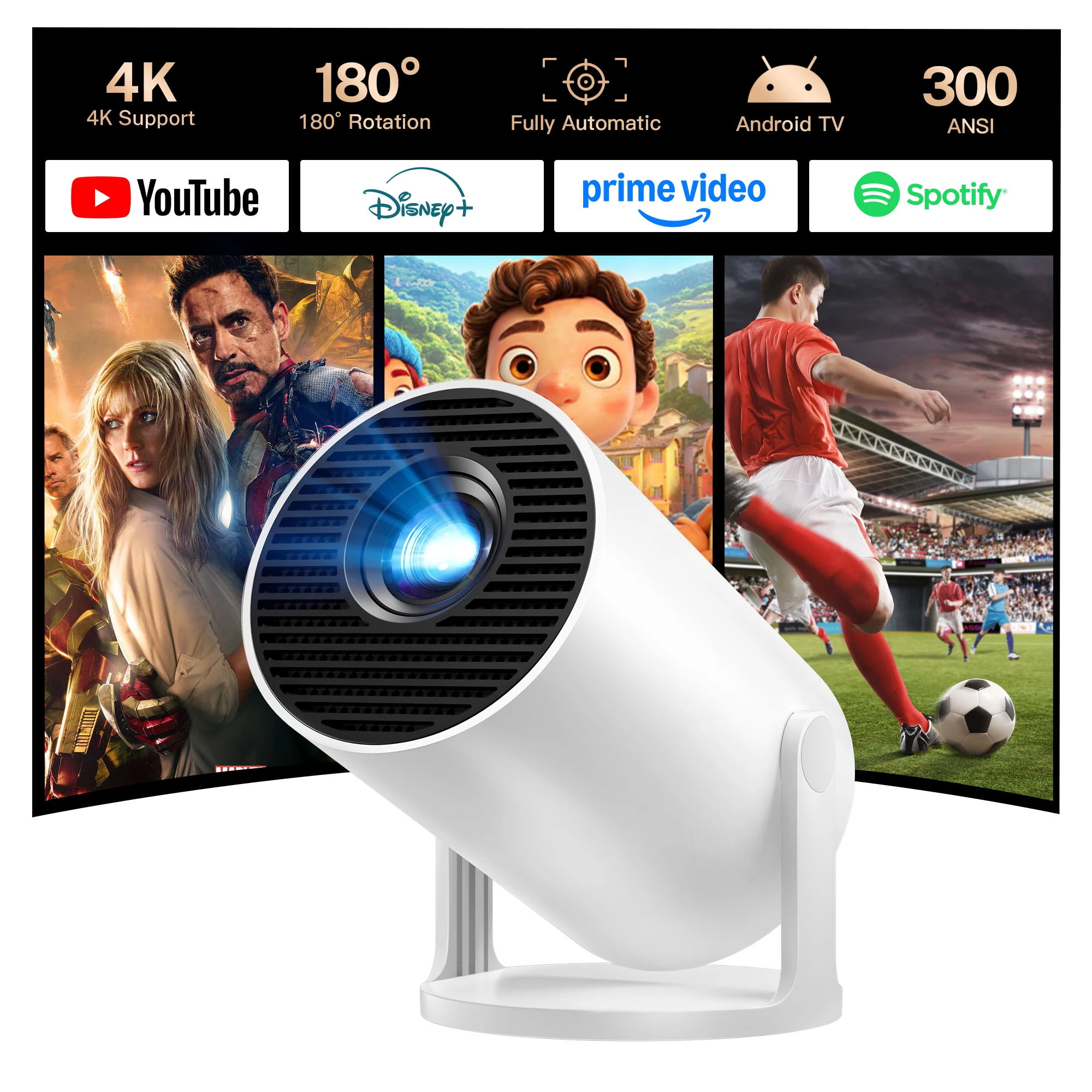 Фото Мини-проектор с поддержкой Native 1080P и 4K, Android 14, WiFi 6, Bluetooth 5.4, автоматическая коррекция трапецеидальных искажений 180° °   Портативная система с функцией вращения для домашнего кинотеатра №1