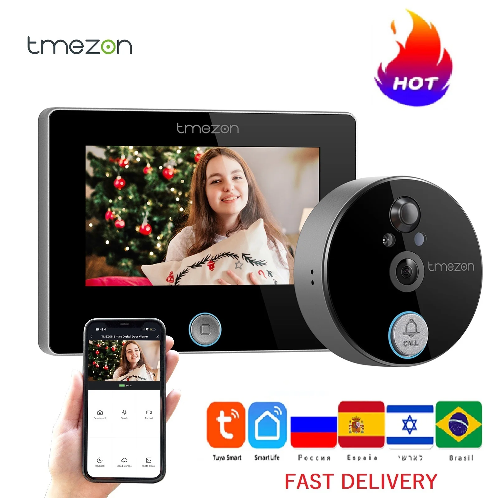 TMEZON Tuya APP Smart Home Peephole Doorbell Camera Wifi 4.3 Inch Video Door Bell Intercom With 720P/140°Camera Night PIR