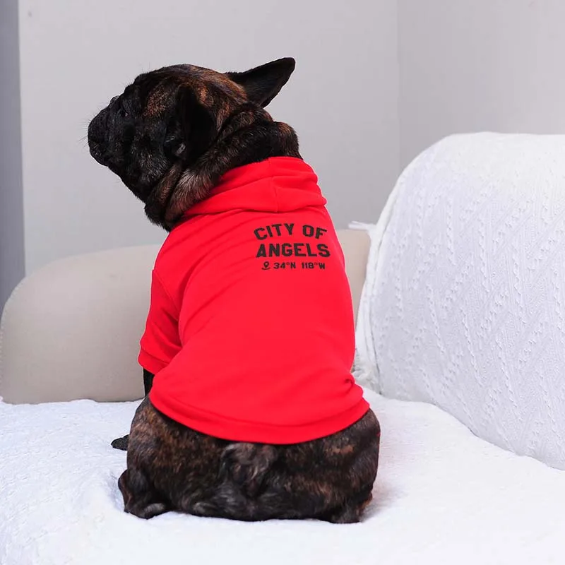 

Dog Letter Printed Hoodie, Pet Clothes with Leash hole in Red and White Color, City of Angels
