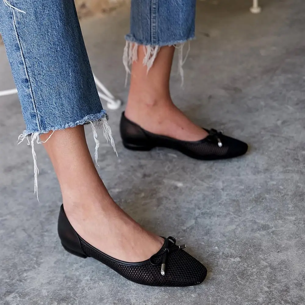 Grace Interior Quality Faux Leather Exterior Mesh Bow and Glass Stone Detailed Ballet Poshnmore Nude Black Summer Shoes