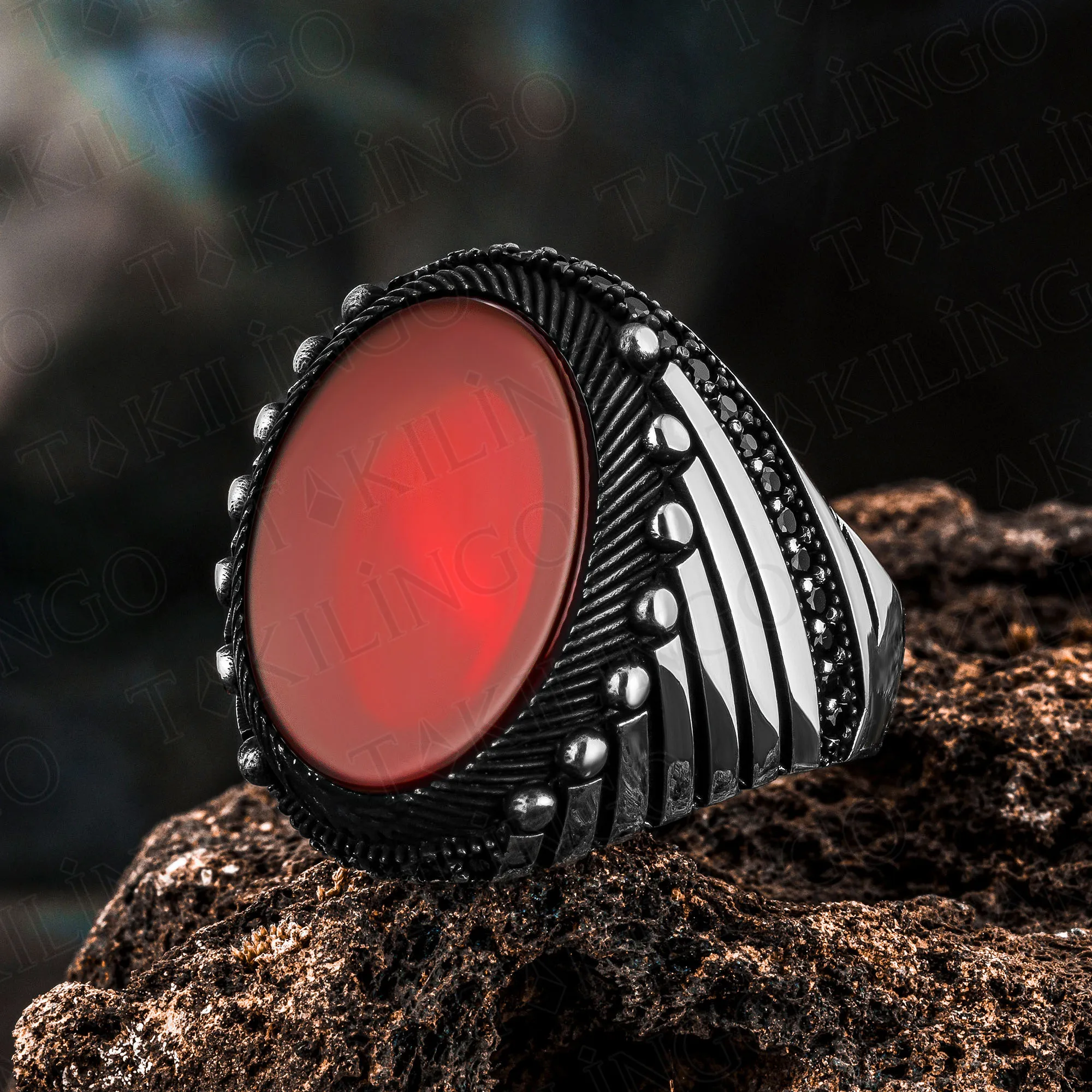 Solid 925 Sterling Silver Oval Red Agate Stone Men's Ring With Zirconia High Quality Handmade Jewelry Turkish Style Gift For Him