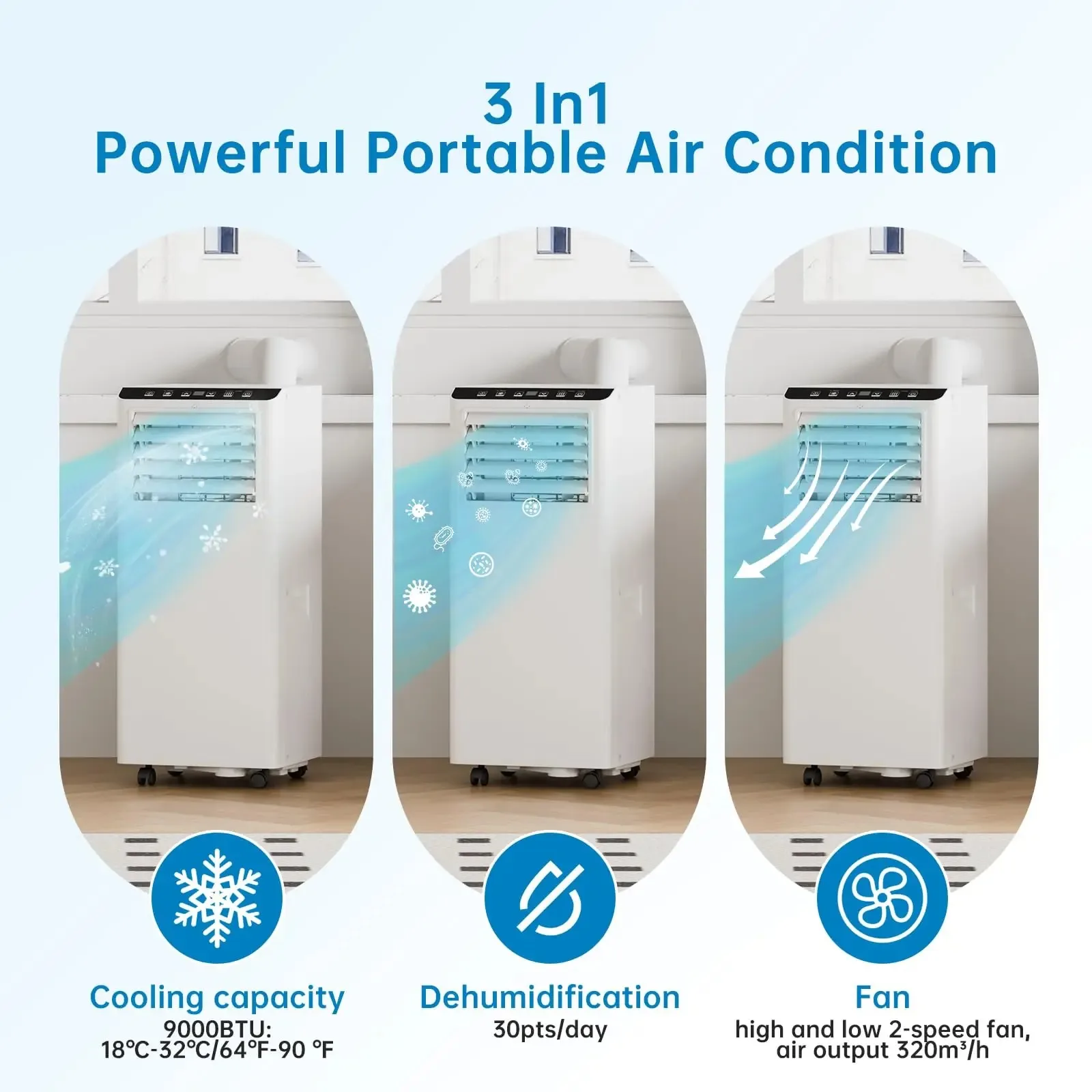 9000 BTU/H 3-в-1 Портативный Кондиционер вентилятор осушение вентиляция с