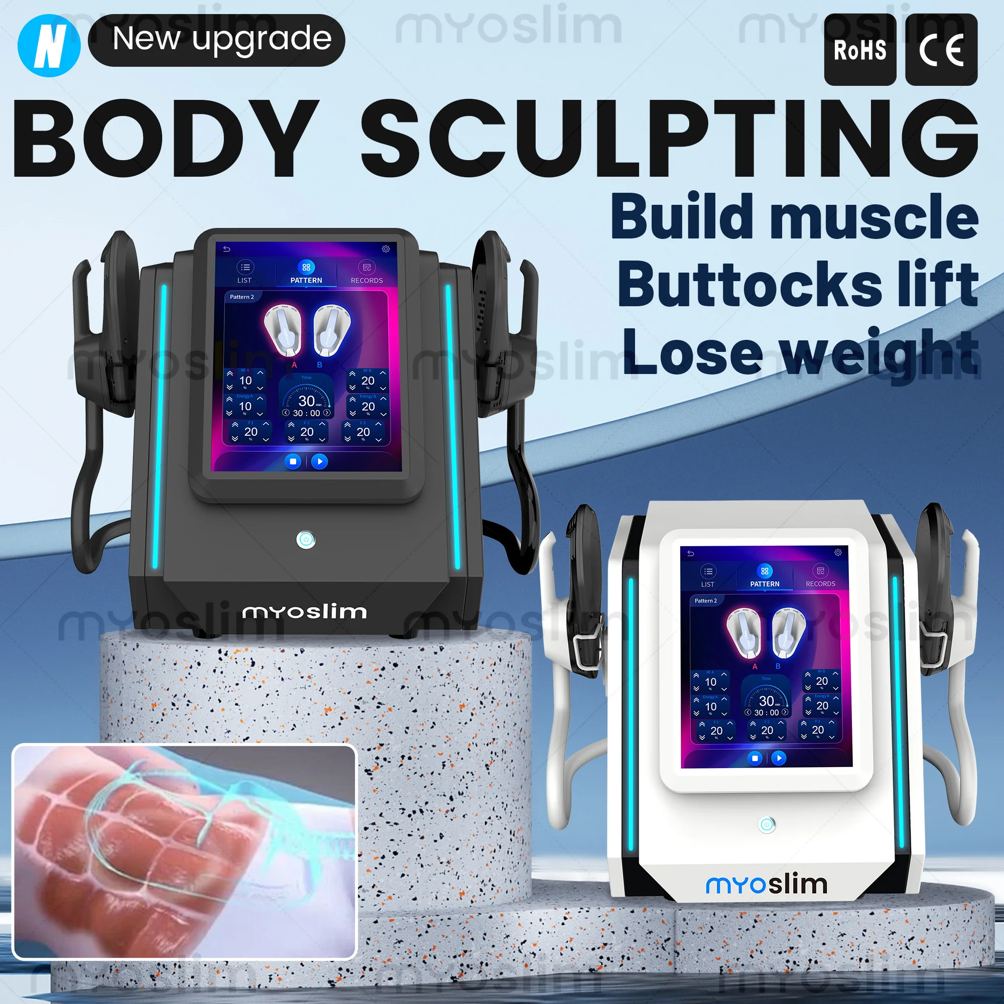Фото Профессиональный аппарат для коррекции фигуры MYOslim 6500W, портативный электромагнитный стимулятор мышц Nova RF для электромагнитной стимуляции мышц №2