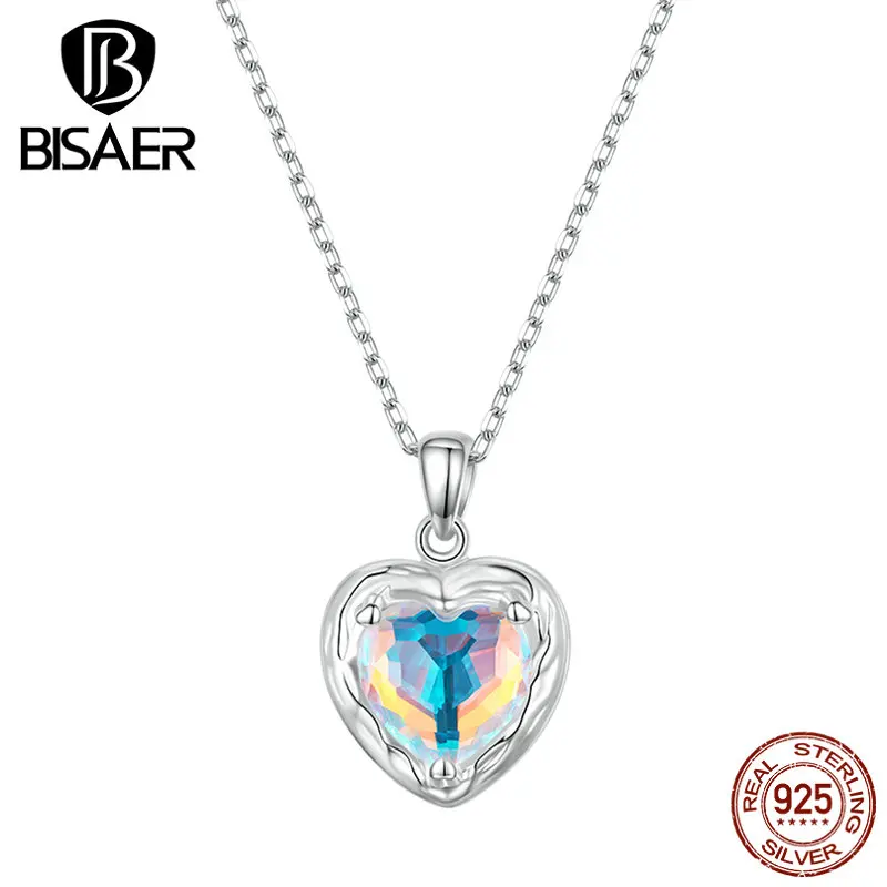 

BISAER 925 Sterling Silver Fantastic Love Glass Necklace Heart Neck Chain Plated Platinum For Women Wedding Fine Jewelry EFN285