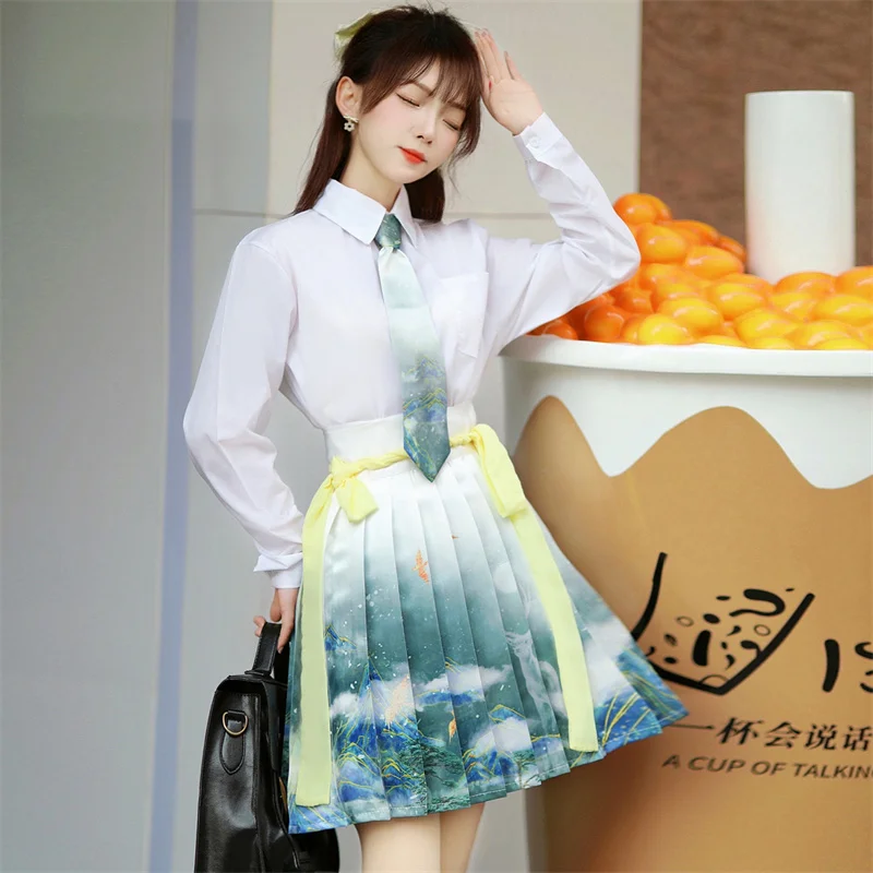 

Женская Улучшенная одежда Hanfu в китайском стиле, рубашка с длинным рукавом и юбка, костюмы для восточных танцев, женская одежда DQL7335