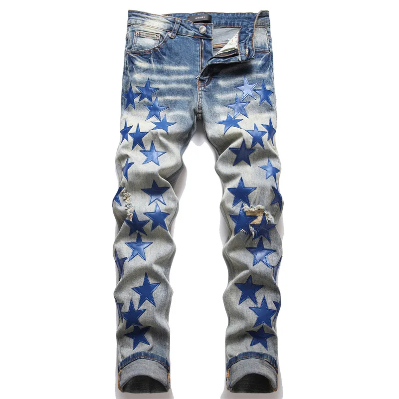 

Men's Retro Blue Stars Badge Ripped Denim Pants Jeans Hip Hop Punk Trousers Design Slim Fit Leg Distressed Jean