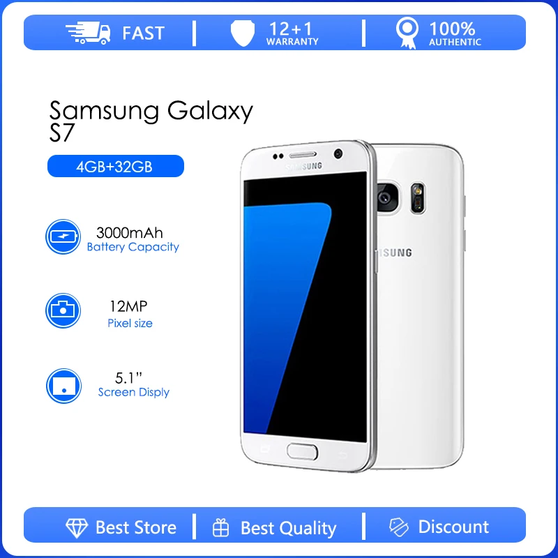 Samsung Galaxy S7 G9300 Refurbished-Original Unlocked G930FD G930W8 5.2" Smartphone 3GB RAM 32GB ROM LTE 20MP 2160p Cellphone
