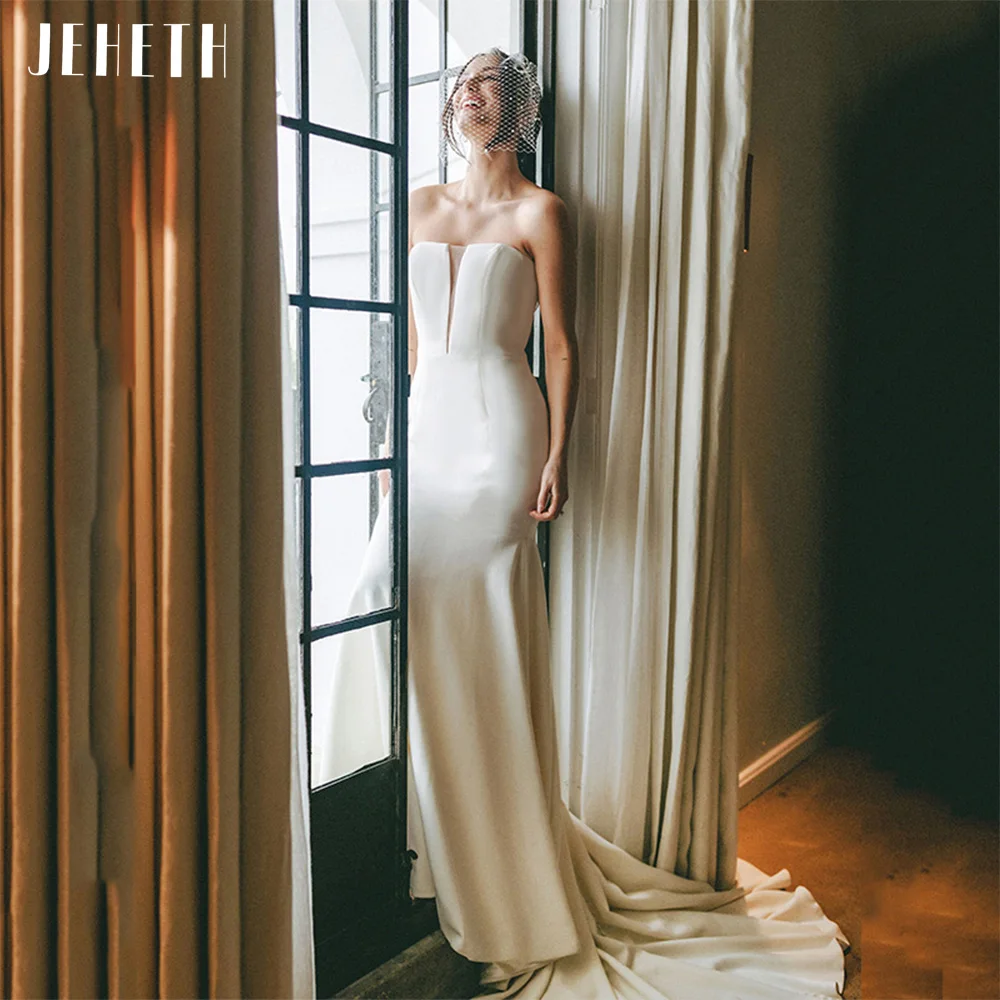 

JEHETH Elegant Straples Ivory Stretch Crepe Boho Wedding Dress Mermaid Women Simple Backless Country Bridal Gown Sweep Train