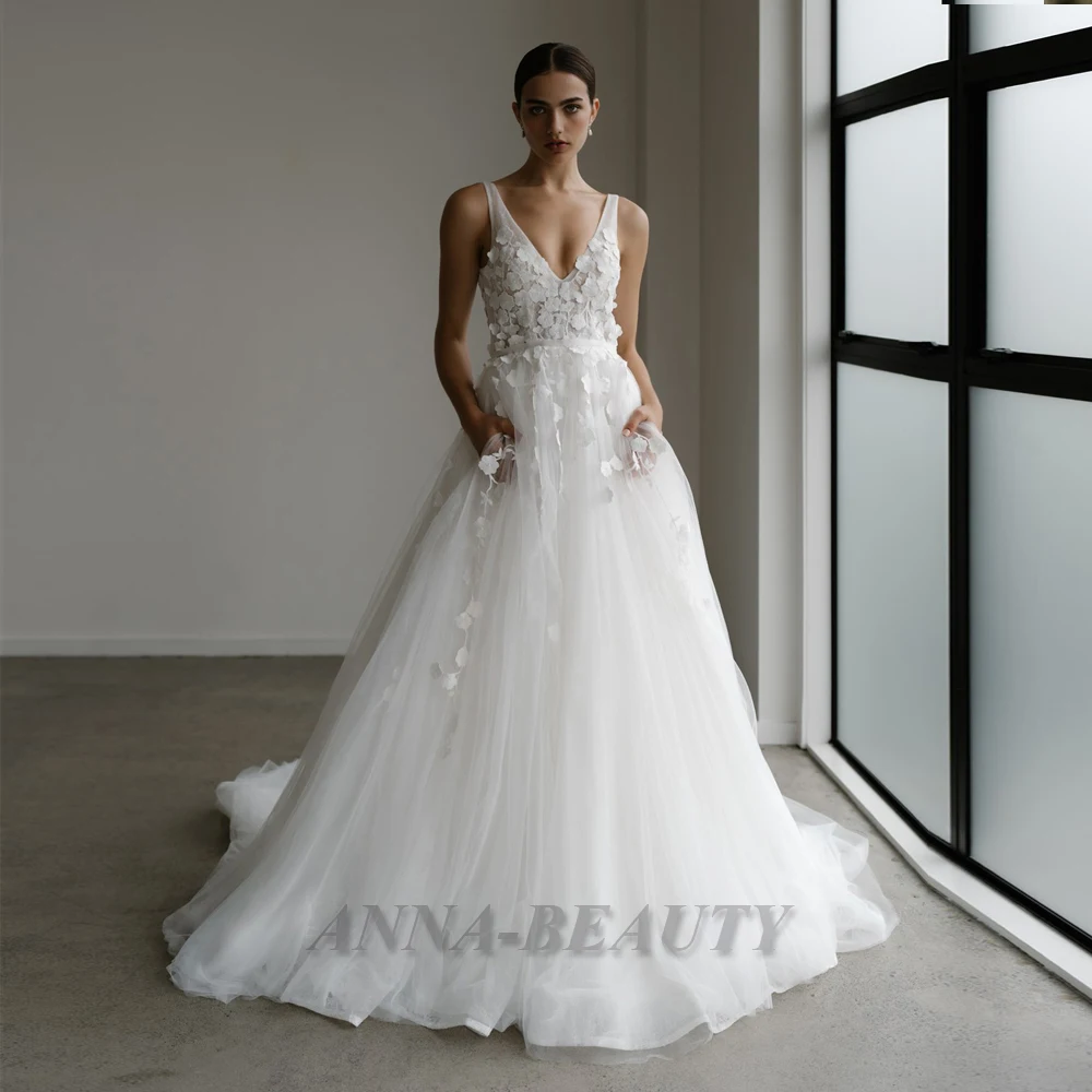 

Anna Modern Tulle A Line Wedding Dress For Brides V Neck Appliques Sleeveless Backless Sweep Train Vestidos De Novia Brautmode