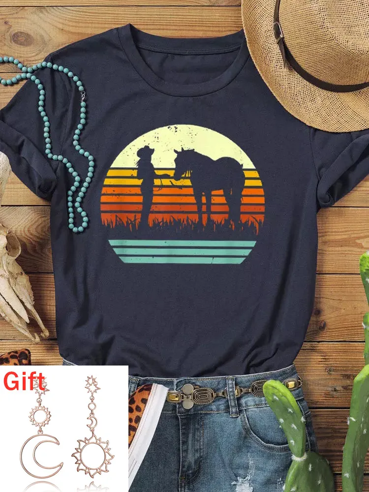 

Summer Letter Print T-shirts Western Cowgirl Horse T-Shirt Tee Casual O-Neck Short Sleeve Crop Tops Y2k Clothes Camisetas
