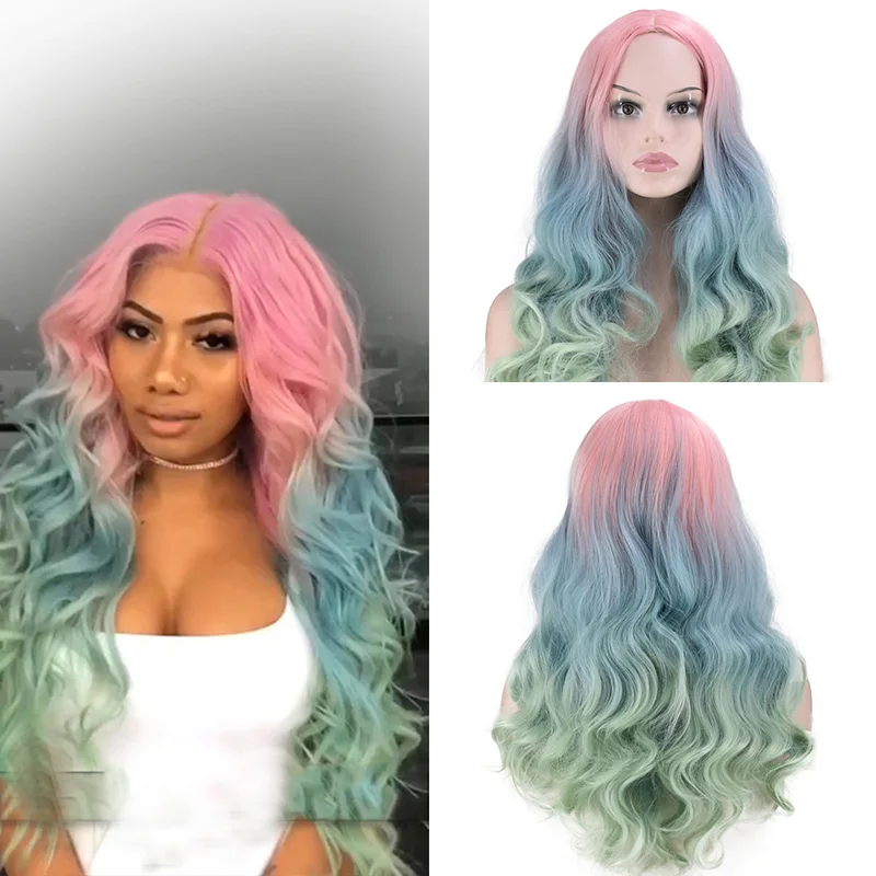 Allaosify Synthetic Hair Wig Long Curly Wavy Lolita Cosplay Pink Blue Green Color Natural Anime Cosplay Hair Wigs For Women Girl