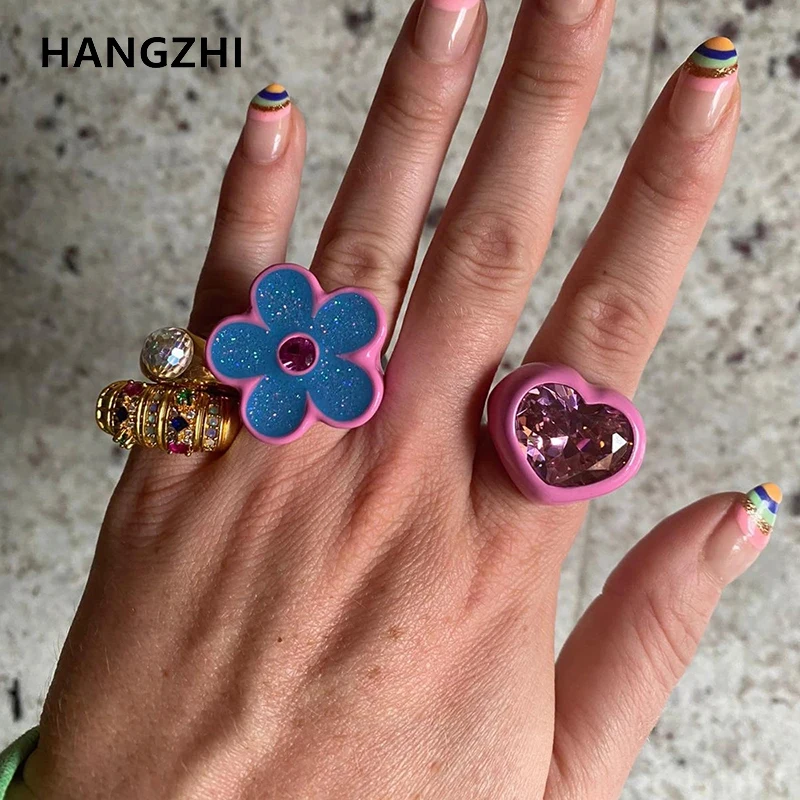 Candy Color Shiny Flower Enamel Rings Letter Cactus Sweet Daisy Big Hyperbole Ring for Women Party Jewelry HangZhi 2021