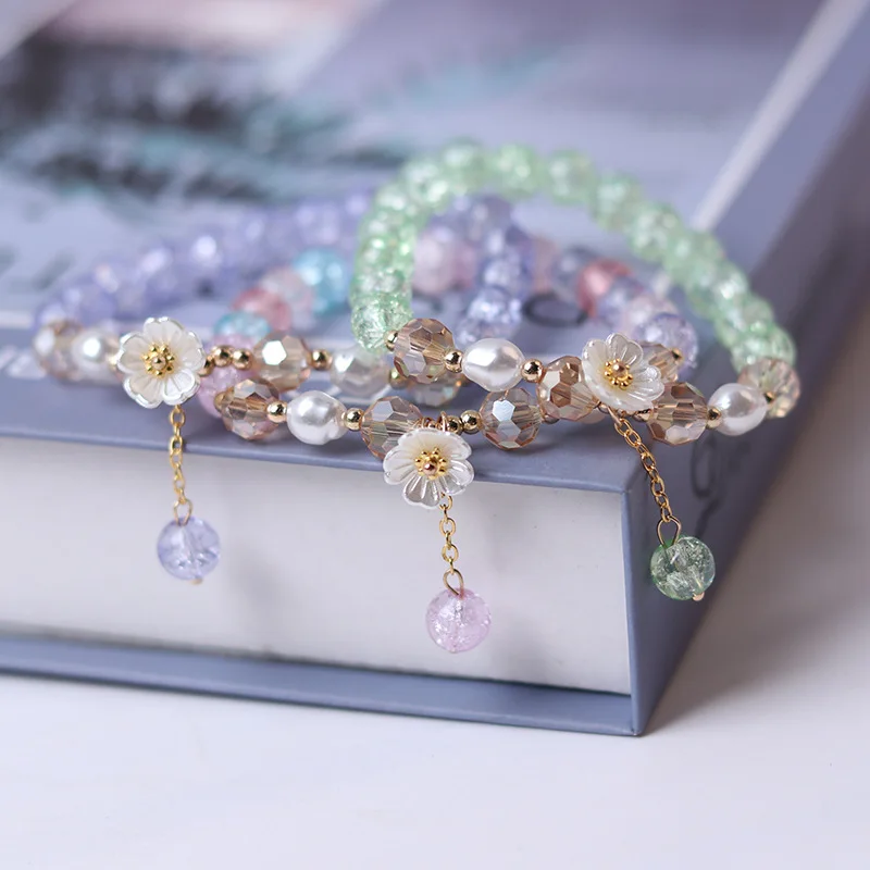 

2022 New Korean Sweet Flowers Imitation Pearl Bracelets For Women Colorful Crystal Beaded Butterfly Bracelet Handmade Jewelry