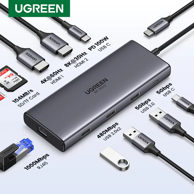 

[Новинка] 15534 8K USB C концентратор 10 в 1 двойной HDMI USB HUBAdapter для Macbook iPad Pro Air M2 M1 Sumsang аксессуары для ПК
