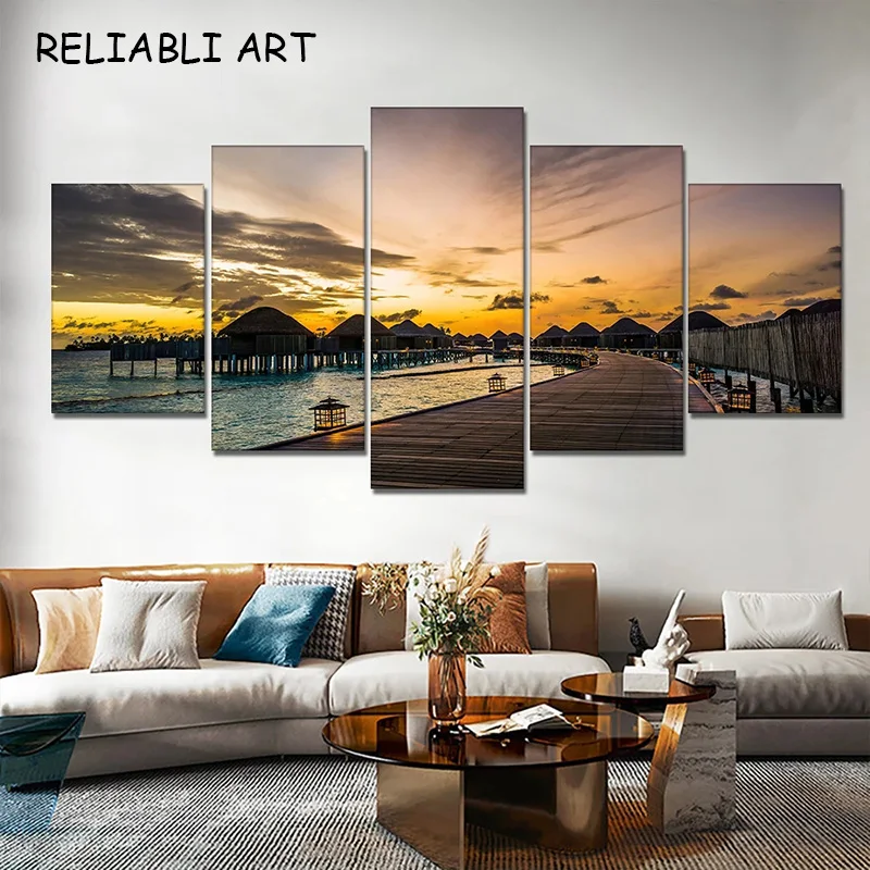 

5 Panels Landscape Bridge Seaside Print Canvas Posters Landscape Wall Art Pictures For Cuadros Home Living Room Decor