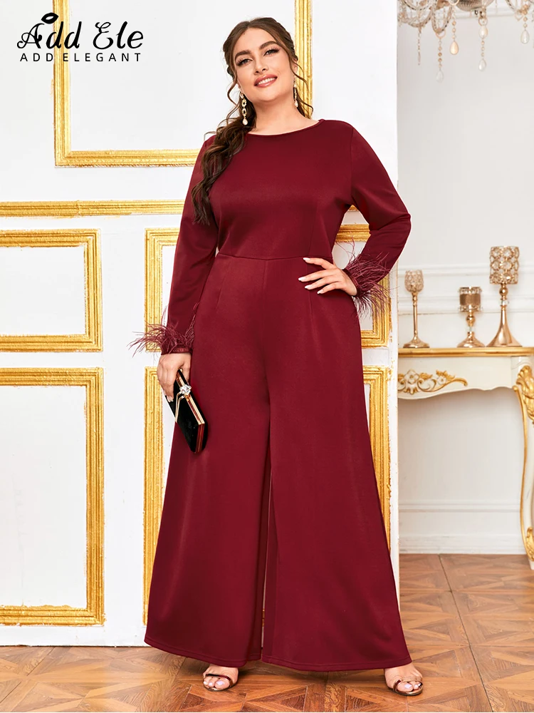 Add Elegant Autumn 2022 Plus Size Jumpsuits for Women O Neck Long Sleeve Tassel Cuffs Office Lady Solid Wide Legs Rompers B082