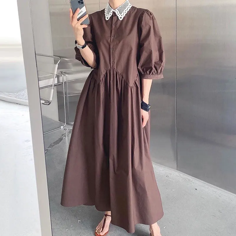 

Clothland Women Elegant Lace Patchwork Shirt Dress Hollow Out Single Breasted Female Mid Calf Dresses Vestido QB173