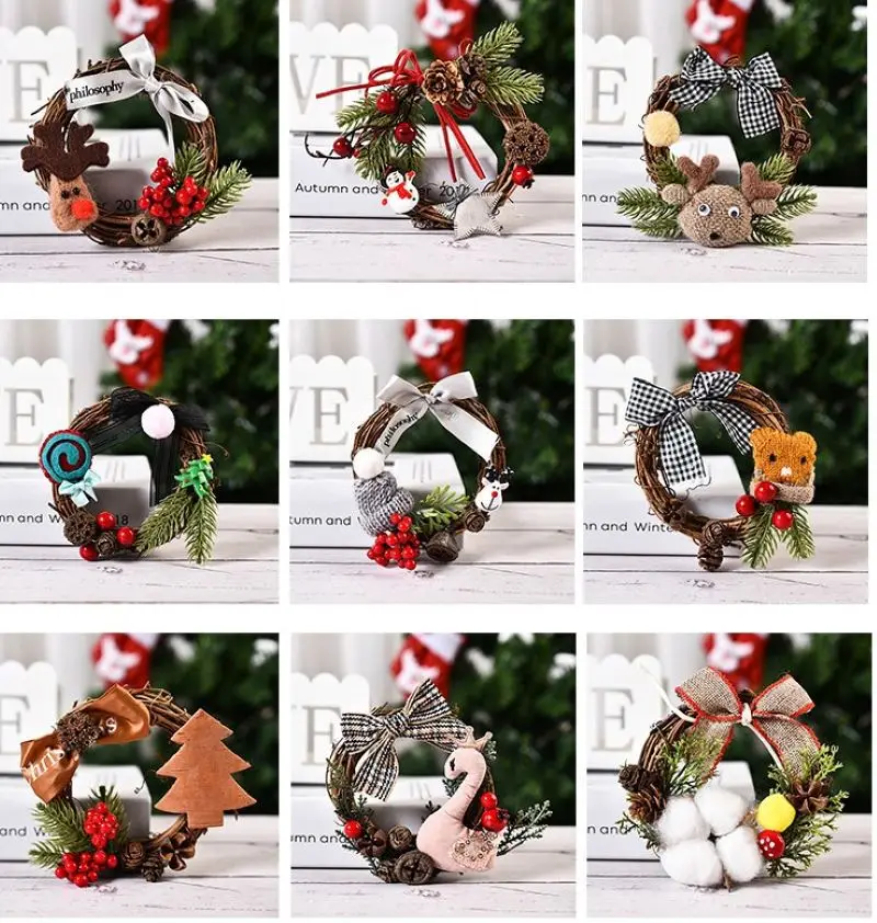 

10cm Mini Cartoon Pattern Christmas and Wreath Holiday Decoration Wreath for Font Door Yard
