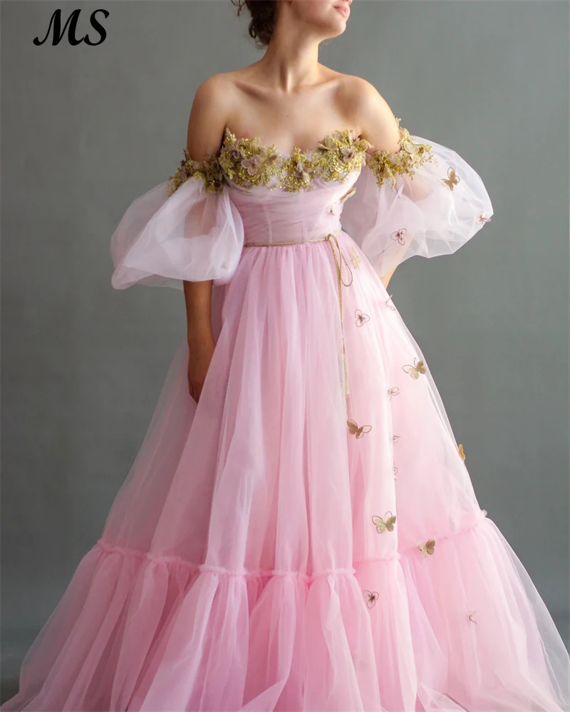 

MS Rose Pink Tulle Evening Dresse Off The Shoulder Sweetheart With Butterful Puff Sleeves Fairy Prom Gowns Plus Size Custom Made