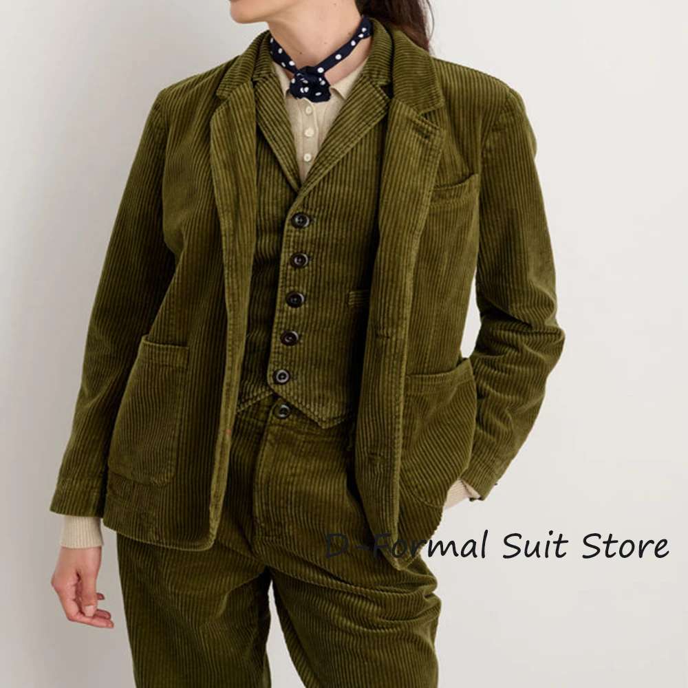 Women 's 3 Piece Suit Fashion Corduroy Blazer Set Wedding Tuxedos  Causal (Jacket+Vest+Pant)Conjuntos Feminino Elegante