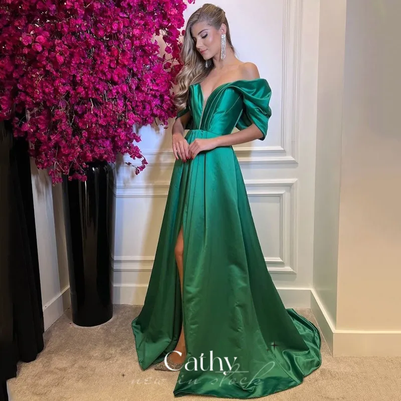 Купи Sexy Off The Shoulder Prom Dresses Elegant Green A-line Evening Dress High Quality Silk Satin Vestidos De Fiesta за 4,752 рублей в магазине AliExpress