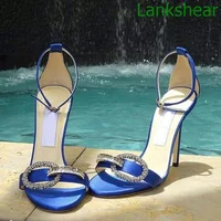 Blue Satin Sandals Rhinestone Circle Round Toe Buckle Strap Cover Heel Thin High Heels Sandals Fashion Sexy Summer Women Shoes
