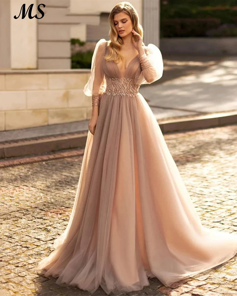 

MS V Neck Tulle A Line Prom Gowns Puff Sleeves Lace Appliques Backless Long Evening Party Dress Floor Length Vestido De Fiesta